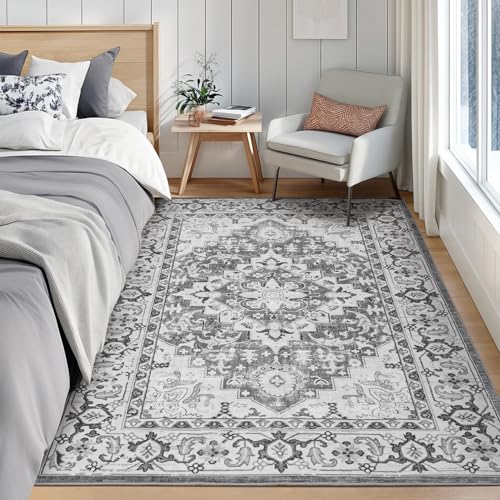 Lofus 3x5 Area Rugs for Living Room, Machine Washable Area Rug, Soft Small Rugs for Bedroom, Kitchen, Office and Indoor, Vintage Boho Carpet, Non-Slip Low Pile Carpets, Floral Grey