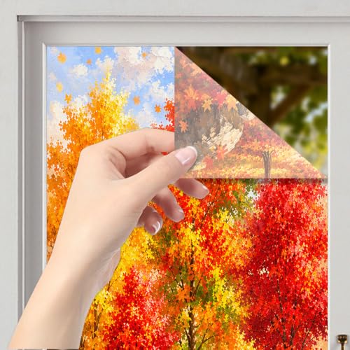 Image of Nuxovilar Fall Window Cling 17.7 x 39.4 in, White Frosted Maple Forest | White frosted PVC helps obscure views for privacy, with red, orange and golden maple trees in a colorful autumn woodland