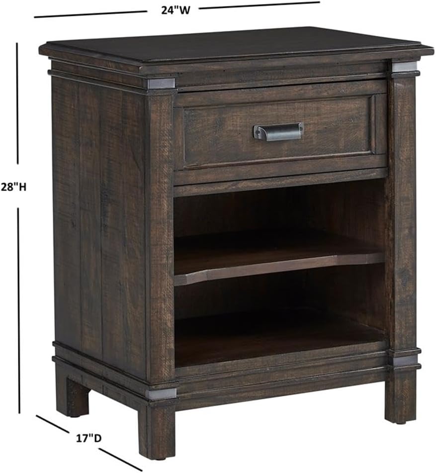 BOWERY HILL 1-Drawer Rustic Wood Nightstand, 24" W x 17" D x 28" H, Mahogany Solids and Veneers, Whiskey Barrel Finish, Open Storage Shelf, Gunmetal Accents, Farmhouse Style Bedroom Furniture