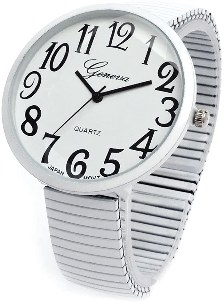 White Super Large Face Flat Stretch Band Easy to Read Watch