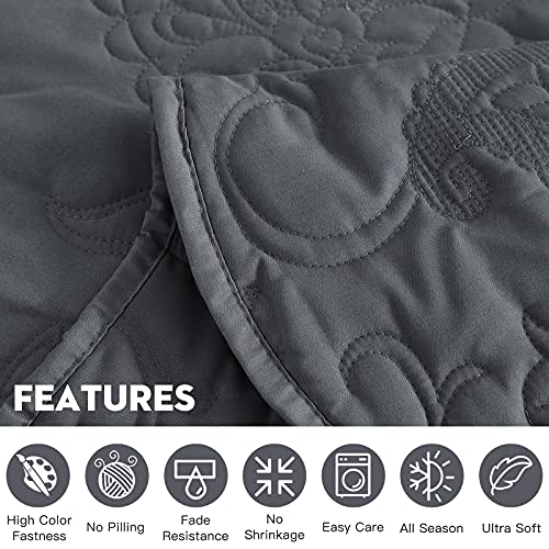 Image of HZ & HY Oversized Queen Bedspread, Stitched Paisley Quilt Set Queen Size, Lightweight Reversible Coverlet, Scalloped Edge - Modern Classic Look, 5 Piece, Dark Grey