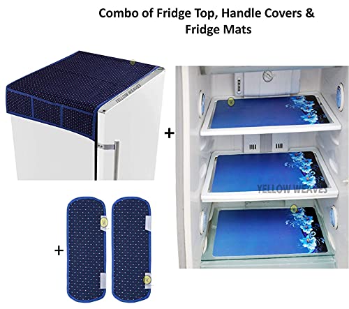 Image of Yellow Weaves� Exclusive Polka Dot Decorative 1 Fridge Top Cover and 2 Handle Covers + 3 Fridge mats - Blue Colour