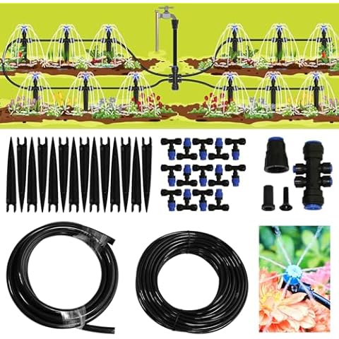 Drip Irrigation System, Adjustable Nozzle Irrigation Set for Garden, Raised Beds Complete Garden Watering System,1/4 inch 59ft Flexible Tubing and 3/5 inch 10ft Flexible Tubing (Large) Cover