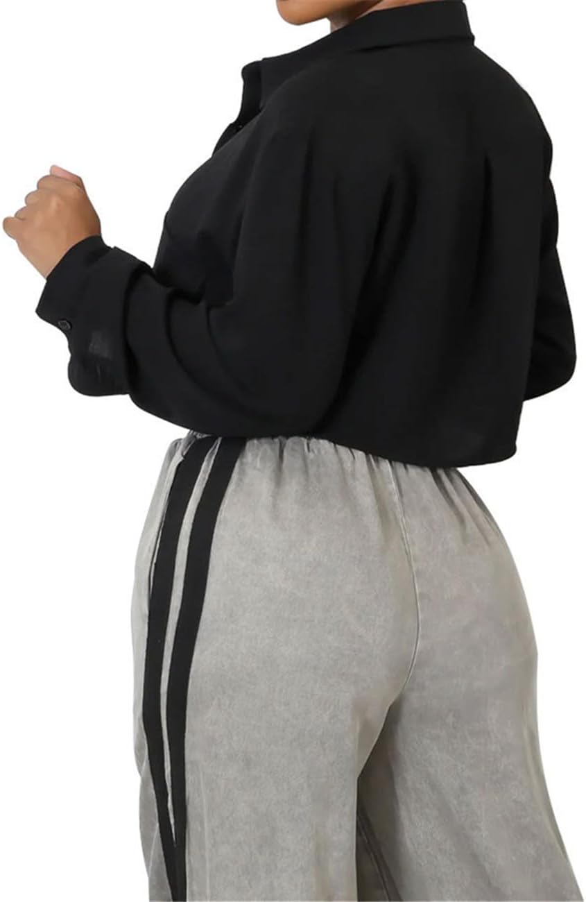 Women's Cropped Button Down Shirts Casual Crop Tops Solid Lapel Blouse - Image 5