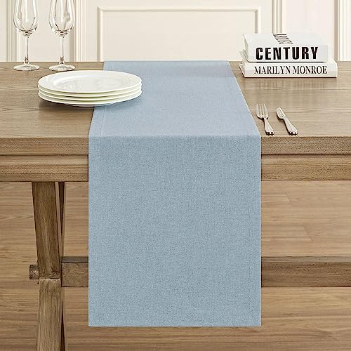 Image of ZeeMart Basic Linen Style Table Runner, 14 x 36 Inch Blue Chambray, Rustic Farmhouse Light Dusty Blue Table Runners 36 Inches Long, Everyday Polyester Table Runner - Machine Washable & Easy Care