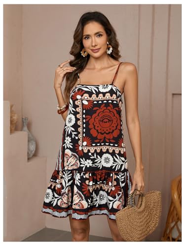 Image of RoseSeek Women's Floral Boho Flowy Mini Cami Dress Ruffle Hem Spaghetti Strap Vacation Tank Dresses