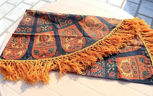Image of Dining Round Tablecloth 100% Cotton Multicolor Floral Bird Printed 4-6 Seater Round Table Cover with White Fringed Lace Border 75 inch (Orange red Blue RHF-5014)