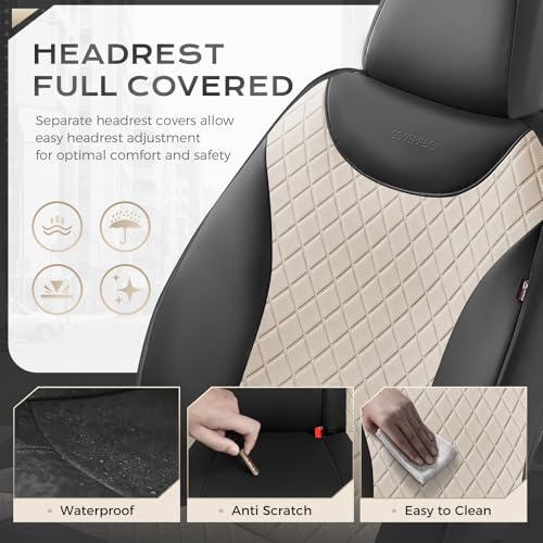 Image of Coverado Front and Back Seat Covers, 5-Pack Universal Seat Covers for Cars, Leather & Fabric Splicing Design Car Seat Protectors, Waterproof Seat Cushions Universal for Most Vehicles, Black & Beige