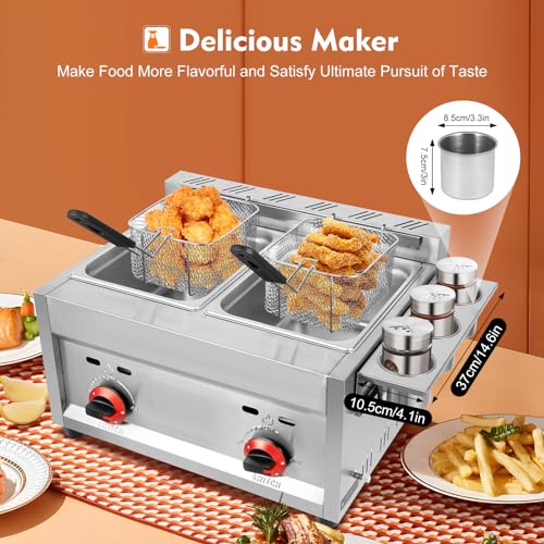 Loyalheartdy Commercial Gas Deep Fryer 12L Countertop Stainless Steel Dual Tank Kitchen Frying Machine W/2 Removable Baskets & Lid thumb #5