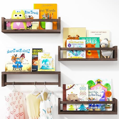 Set of 4 Nursery Book Shelves, 42CM Floating Bookshelves for Nursery and Playroom Decor, Solid Wood Wall Mounted Shelves for Books and Toys Storage