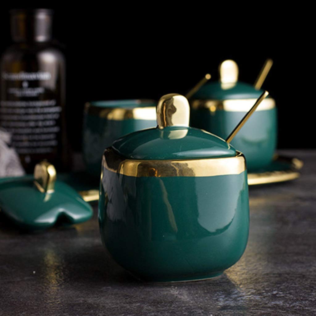 TBLOTYD Ceramic Seasoning Jar Three-piece Seasoning Jar Seasoning Box Light Luxury Phnom Penh Emerald Kitchen Supplies Salt Sugar Bowl