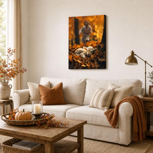 Image of Jesus and Lamb Canvas Wall Art Jesus Runs for the Lost Sheep In Autumn Forest Picture Wall Art Canvas Print Christian Home Decor 8x10 inch