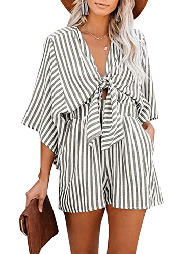 utcoco Womens Casual Shorts Rompers Half Sleeve Tie Waist Striped Jumpsuits for Women (Medium, Grey)