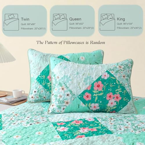 Whale Flotilla Reversible Patchwork Quilts Full Queen Size, Lightweight Boho Printed Bedspreads Coverlets Quilt Bedding Set with 2 Pillow Shams for All Seasons, Light Green