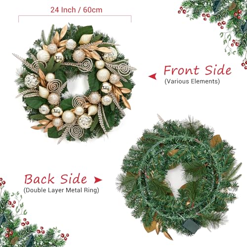 Pre-Lit Christmas Wreath for Front Door, 24 Inch Large Christmas Wreath with 20 LED Lights, Artificial Xmas Wreath with Gold Leaves, Balls and Ornaments for Fireplace, Outdoor, Window