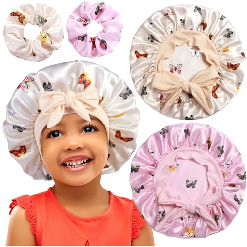 Image of 2+2 Satin Bonnets with Scrunchies for Kids, Cute Hair Bonnets for Girls Sleeping Curly Hair, D
