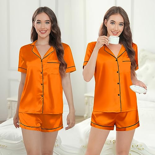 Image of Silk Pajamas for Women Satin Womens PJ Set 2 Piece Short Lounge Set Summer Sleepwear Notch Collar Button-Down Pjs