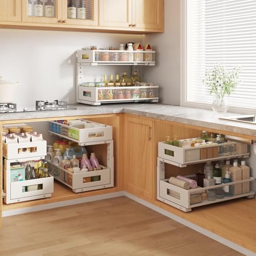 Image of 2 Packs 19IN Depth Under Sink Organizer, 2-Tier Pull Out Cabinet Organizer With Smooth Circular Rail, Large Capacity Metal Mesh Sliding Drawers For Bathroom& Kitchen Storage,Height Adjustable -White