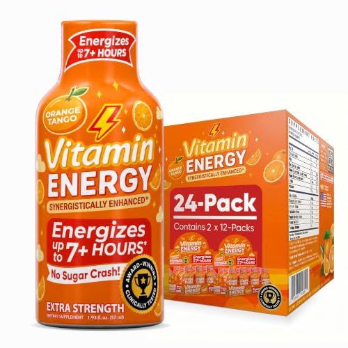 Image of Vitamin Energy Orange Tango Extra Strength Energy Shot, 24 Pack - Up to 7 Hrs, 260mg Natural Caffeine, Zero Sugar - Green Tea Extract, Immune Support, B12 B6 Niacin, 1.93 fl oz, Keto Vegan