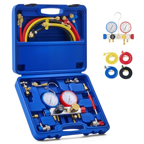 Image of OMT 4 Way AC Diagnostic Manifold Gauge Kit for R134A R410A R22, 5ft Hoses | Includes R134a Couplers Self-Sealing Piercing Can Taps R410a & 29 Adapter ; Solid Brass Build; Ideal for Auto Freon Recharge