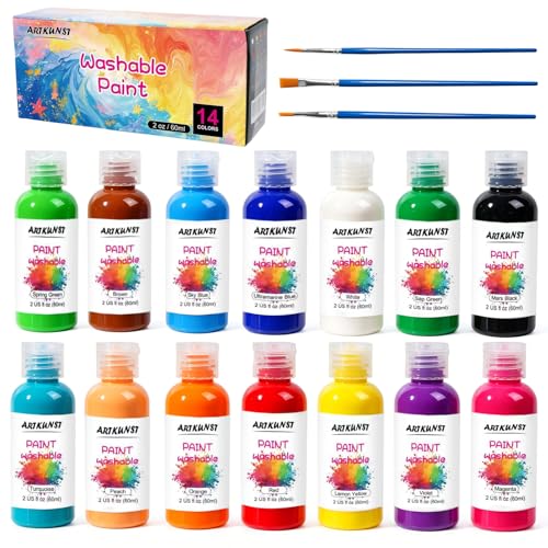 14 Colors Washable Kids Paint Set (2 oz 60 ml) with 3 Paintbrushes