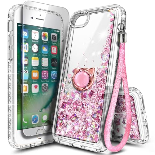 NGB Designed for iPhone 8 Plus & iPhone 7 Plus/6 Plus/6S Plus Case, Rose Gold | Glitter Liquid Cute Cover for Women Girls Kids | with Tempered Glass Screen Protector & Ring Holder & Wrist Strap
