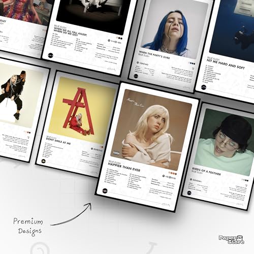 Image of Thepaper9store Pack of 8 Billie Eilish Album Posters (8.4 x 12 Inch) with Adhesive Tape | Music Wall Decor | Posters for Bedroom, Office