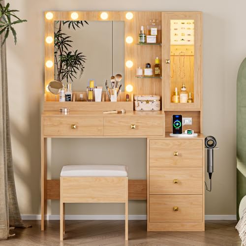 Image of HUANLEGO Vanity Desk with Mirror and Lights & LED Glass Cabinet, Oak