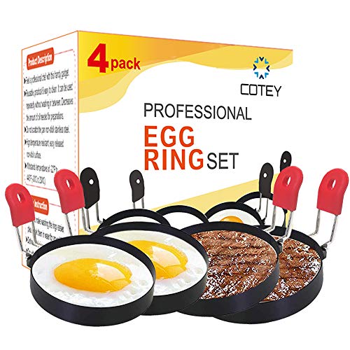 COTEY Large 3.5\" Nonstick Egg Rings Set of 4, Round Crumpet Ring Mold Shaper for English Muffins Pancake Cooking Griddle - Portable Grill Accessories for Camping Indoor Breakfast Sandwich Burger Red