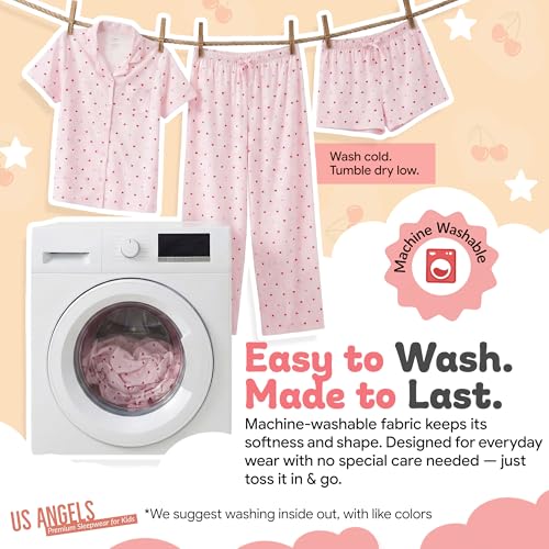 Image of US Angels Girls Pajama Set 3 Piece, Short Sleeve Button Down PJs with Shorts & Pants, Soft Sleepwear Girls & Tweens Size 5-16