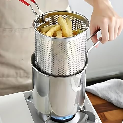 Image of Mini Deep Frying Pot with Basket - 1200ml Stainless Steel Fryer for French Fries, Chicken, Shrimp, Fish - Compact Deep Oil Fryer with Handle for Home Kitchen Cooking