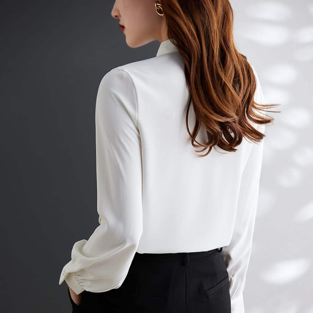 MIDJ Damen-Hemd Mit Knopfleiste,Damen Elegant Fliege Ausschnitt Vorne Falten Oberteile Shirt Weiß Satin Tunika Shirt Langarm Chiffon Bluse Shirt Lässige Büro Business Bluse Für Mädchen Damen