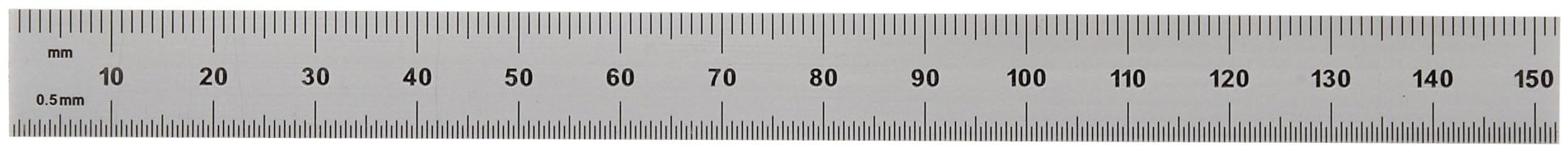 Mitutoyo 182-207, Steel Rule, 6" X 150mm, (1/10, 1/100", 1mm, 1/2mm), 1/64" Thick X 1/2" Wide, Satin Chrome Finish Tempered Stainless Steel
