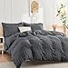 HYMOKEGE Dark Grey Duvet Cover Queen Size, Ultra Soft 3-Piece Seersucker Duvet Cover Set with Zipper Closure, Soft Brushed Microfiber Bedding Set with 8 Corner Ties (90