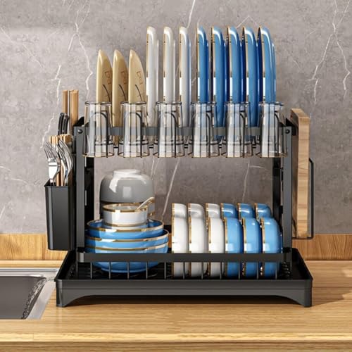 Image of Dish Organizer Rack,Carbon Steel Kitchen Dish Drying Rack, Rust-Proof Countertop Dish Organizer with Cup Holder, Portable Compact Dish Rack for Cup, Plates, Bowl, Spoons(YK-11)