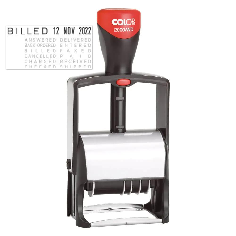 COLOP Timbro datario classico autoinchiostrante, non tossico e a base d'acqua, timbro datario tradizionale in metallo e gomma resistente (2000 W/D Word Dater, 5/32")