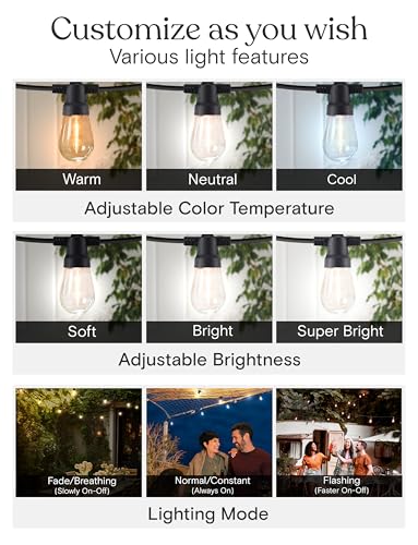 Image of Brightech 104 (52x2) FT Ambience Pro Solar Powered Outdoor LED String Lights - Waterproof Remote Control Lights - 48 Bulbs, 7W Solar Powered Color Changing White Light for Camping, Patio, Garden