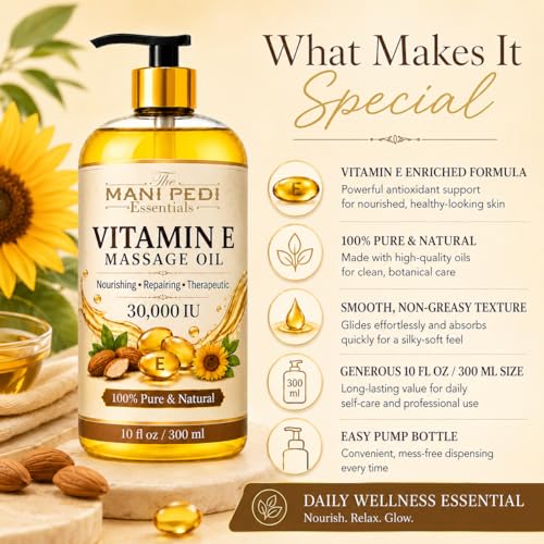 Image of TMPE Vitamin E Massage Oil 30,000 IU - Body Massage Oil for Dry Skin, Stretch Marks & Skin Glow |Skin Elasticity & Nourishment | 300ml