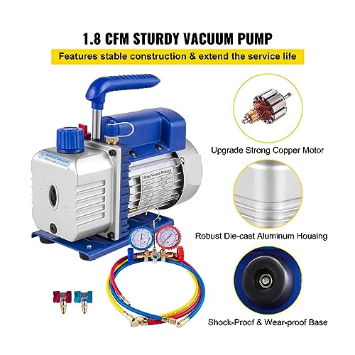 Bomba de vacío refrigerante BUUBO, 4 CFM, monoetapa, 1/3 HP, para mantenimiento de aire acondicionado doméstico y sistemas de refrigeración, incluye manómetro y mangueras miniatura 4