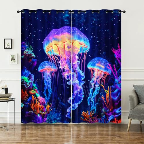 AILONEN Jellyfish Window Curtain,Coral Jellyfish Print Window Treatments Drapes for Kids Teens,Ocean Animal Print Drapes Curtains for Bedroom Living Room, 52