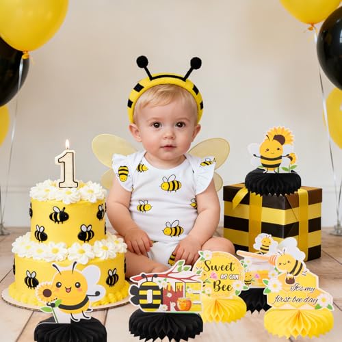 Image of 9pcs Happy 1st Bee Day Honeycomb Centerpieces Bumble Bee First Birthday Party Table Decorations It's My 1st Bee Day Table Centerpieces for Boy Baby Shower Sweet as can Bee Table Topper Sign Decors