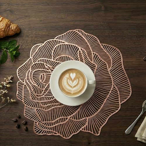 Image of Kuber Industries 4 Pcs Set Leather Side Table Mats | Easy to Clean Dining Table Mat for Party, Wedding and Family Functions | Gulab Design - Copper
