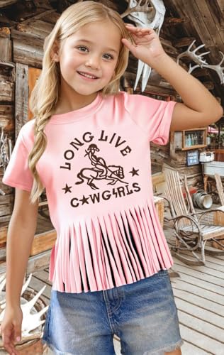 Image of Girls Western Shirt Cowgirls Embroidered Country Concert T Shirt Graphic Horseback Rider Tassel Fringe Tee Tops