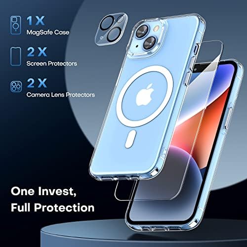 TAURI 5 in 1 Magnetic Case for iPhone 14 [Military Grade Protection], 2 Tempered Screen Protector + 2 Camera Lens Protector, [Compatible with MagSafe] Slim Cover 6.1 Inch - Clear
