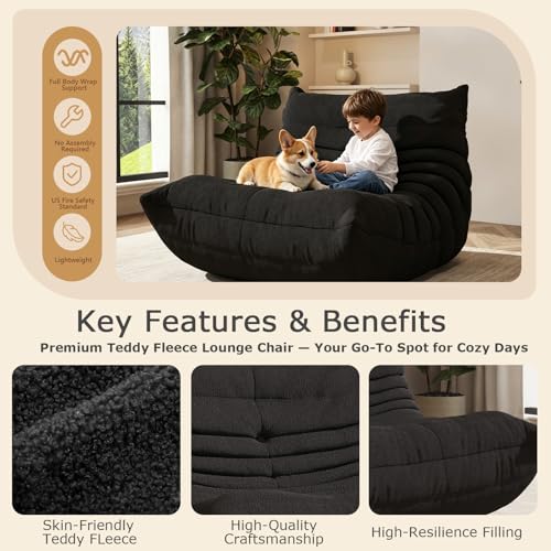 Image of Giant Bean Bag Chair for Adults，Comfy Single Floor Fireside Chair with Memory Foam,Cozy Accent Sofa Couch Boneless Chaise Loungefor Small Room Living Room Bedroom Gaming Room(Black, Single)