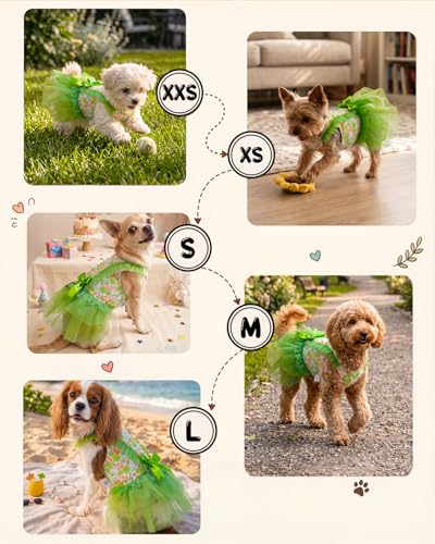 Image of CuteBone Spring Green Floral Pet Dress for Small Dogs, Cats - Double-Layer Ruffled Skirt - Satin Bow - Garden, Picnic Dress