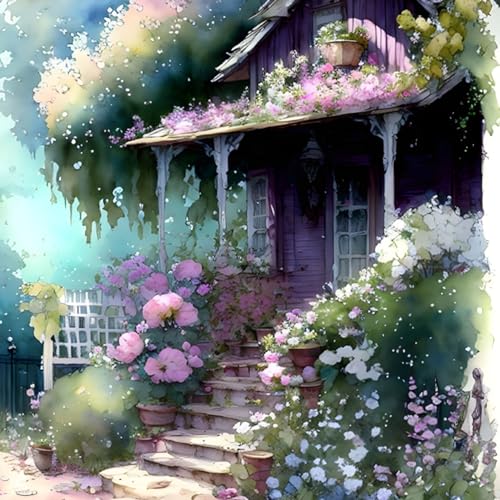 Tableau sur toile 58 x 90 cm de maison de rue en fleurs pour decoration murale