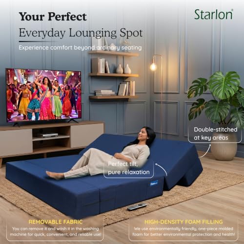 Image of Starlon 3 Seater Foldable Sofa Cum Bed 3-in-1 with 2 Geometrical Pattern Pillows, Washable Jute Fabric Cover, Space Saving Guest Bed, Royal Navy Blue 6x6 Ft