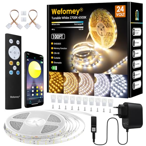 LED Strip 30M Set Dimmbar, APP Steuerung, Warmweiß bis Kaltweiß LED Streifen 24V Selbstklebend mit Netzteil Fernbedienung, Flexibel DIY LED Band 2700K-6500K, led Lichtband für Innen Küche Zimmer Deko