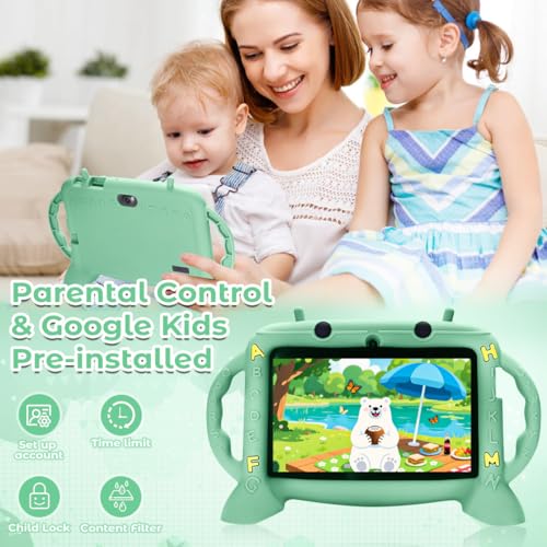 Image of MengDash Kids Tablet 7 inch Android 11 for Toddler, 3GB RAM 32GB ROM Parental Control Dual Camera with Case for Educational (Mint Green)